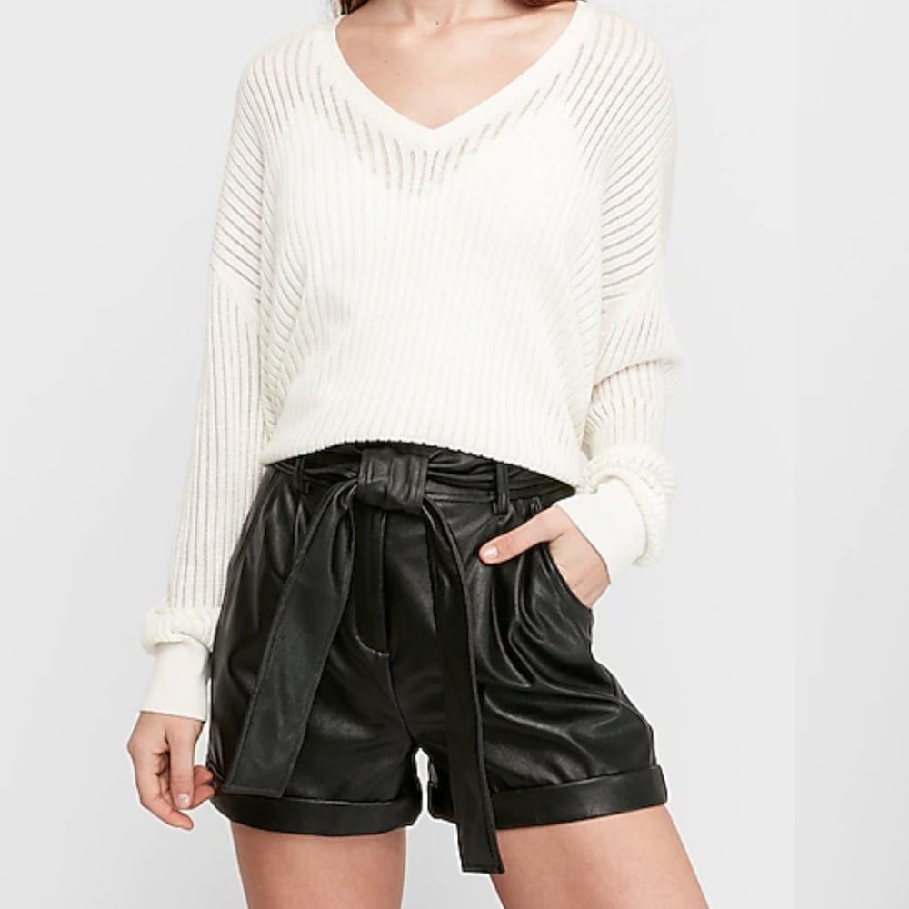 EXPRESS Black Vegan Leather Sash Tie Shorts